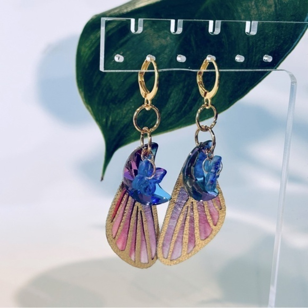 Butterfly‎ Wing & Crescent Crystal Lever-back Hoop Earrings